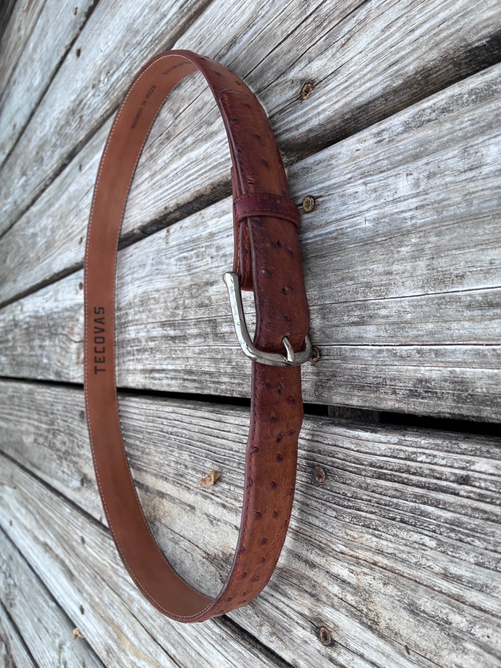 Tecovas Brown Ostrich-Textured Leather Belt with Silver Buckle
